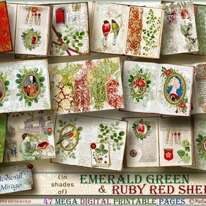 Emerald GREEN & Ruby RED Sheen (In shades of). 47 digital printable journal pages kit. Medieval, Renaissance, Old world, distressed inspired