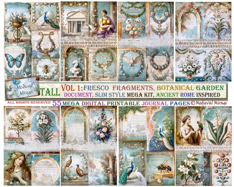Puede incluir: Una hoja de collage digital con 55 p&aacute;ginas de diario imprimibles que presentan una variedad de im&aacute;genes, incluyendo pavos reales, flores y detalles arquitect&oacute;nicos. Las im&aacute;genes est&aacute;n inspiradas en la antigua Roma y tienen una est&eacute;tica vintage.