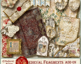 May include: A digital journal kit with a medieval theme. The kit includes a variety of images, including a book, a shield, a scroll, and a banner. The images are in a distressed, vintage style.
