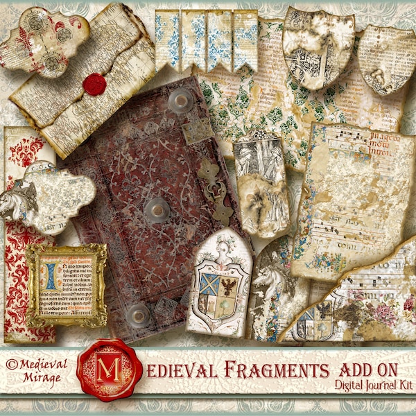 MEDIEVAL FRAGMENTS Add on for Vol 1 & 2 of the FRAGMENTS Collection/ Digital Junk Journal kit, Gothic, old book cover. Manuscript. Old map.