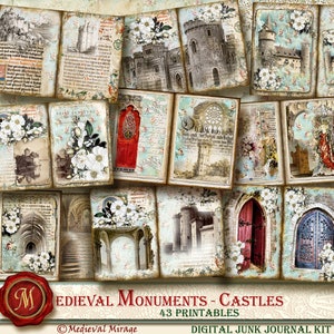 MEDIEVAL MONUMENTS-Castles. Digital Junk Journal Kit. 43 printables. Renaissance, Gothic, Illuminated Manuscript inspired,. White roses