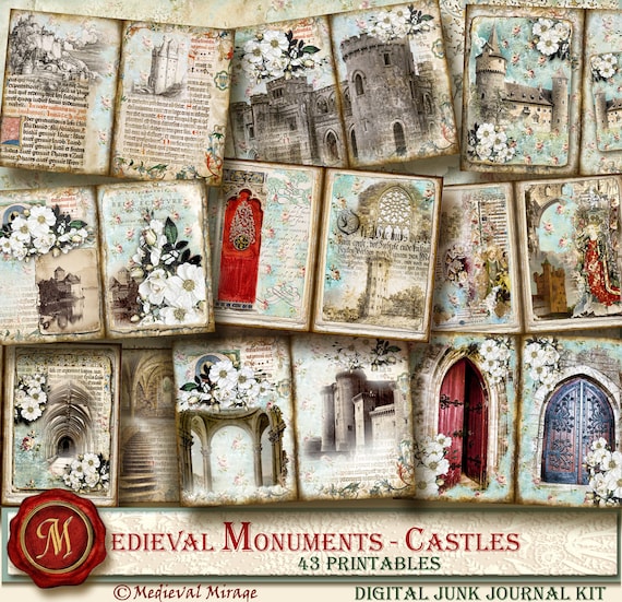 Gothic White roses Renaissance MEDIEVAL MONUMENTS-Castles Digital Junk Journal Kit 43 printables Illuminated Manuscript inspired,