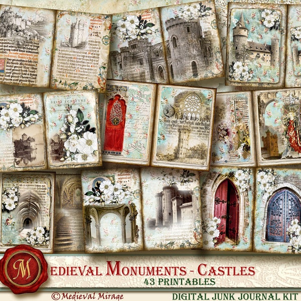 MEDIEVAL MONUMENTS-Castles. Digital Junk Journal Kit. 43 printables. Renaissance, Gothic, Illuminated Manuscript inspired,. White roses