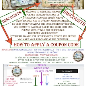 Puede incluir: Un gr&aacute;fico verde y blanco con instrucciones sobre c&oacute;mo aplicar un c&oacute;digo de cup&oacute;n para obtener un descuento en kits de diarios digitales. El gr&aacute;fico incluye el texto "Medieval Mirage" y "MMTHANKSYOU15" y "MMTHANKSYOU".