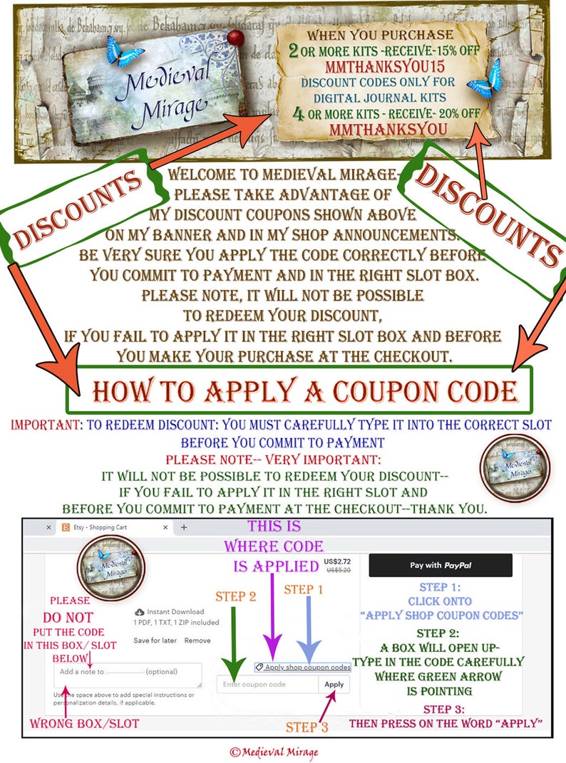 Puede incluir: Un gr&aacute;fico verde y blanco con instrucciones sobre c&oacute;mo aplicar un c&oacute;digo de cup&oacute;n para obtener un descuento en kits de diarios digitales. El gr&aacute;fico incluye el texto "Medieval Mirage" y "MMTHANKSYOU15" y "MMTHANKSYOU".