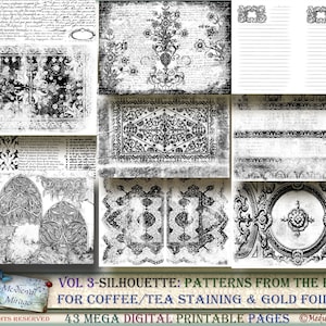 May include: A collection of 43 printable pages featuring black and white silhouette patterns. The patterns are inspired by medieval architecture and design. The text on the image reads "Vol 3-Silhouette: Patterns from the Past for Coffee/Tea Staining & Gold Foiling 43 Mega Digital Printable Pages".