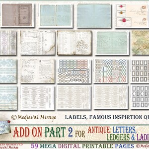 Puede incluir: Un paquete digital imprimible de 59 p&aacute;ginas con dise&ntilde;os de inspiraci&oacute;n vintage. El paquete incluye etiquetas, p&aacute;ginas de contabilidad, cartas y marcos. El texto "Medieval Mirage Add On Part 2 for Antique: Letters, Ledgers & Ladies" est&aacute; incluido en la imagen.