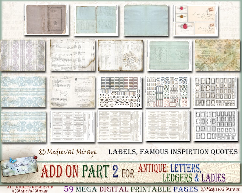 Puede incluir: Un paquete digital imprimible de 59 p&aacute;ginas con dise&ntilde;os de inspiraci&oacute;n vintage. El paquete incluye etiquetas, p&aacute;ginas de contabilidad, cartas y marcos. El texto "Medieval Mirage Add On Part 2 for Antique: Letters, Ledgers & Ladies" est&aacute; incluido en la imagen.
