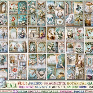 Puede incluir: Una hoja de collage digital con 55 p&aacute;ginas de diario imprimibles que presentan ilustraciones de jardines bot&aacute;nicos, fragmentos de frescos y dise&ntilde;os inspirados en la antigua Roma. La hoja de collage se titula "Vol 1: Fragmentos de frescos, Jard&iacute;n bot&aacute;nico, Documento alto, Kit mega estilo delgado, Inspirado en la antigua Roma".