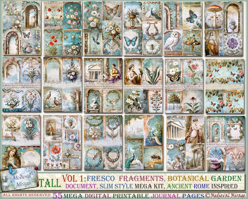 Puede incluir: Una hoja de collage digital con 55 p&aacute;ginas de diario imprimibles que presentan ilustraciones de jardines bot&aacute;nicos, fragmentos de frescos y dise&ntilde;os inspirados en la antigua Roma. La hoja de collage se titula "Vol 1: Fragmentos de frescos, Jard&iacute;n bot&aacute;nico, Documento alto, Kit mega estilo delgado, Inspirado en la antigua Roma".