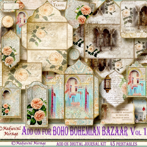 BOHO BOHEMIAN BAZAAR Vol 1- Add On Digital Junk Journal Kit. 45 Printables. Byzantine, Moroccan inspired, antique, old world travel, ethnic.