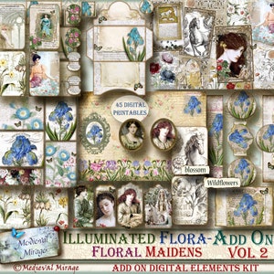 ADD on for Vol 2 ILLUMINATED FLORA-Floral Maidens, Digital Journal Elements Kit. 45 printables. Antique botanical, medieval, PreRaphaelite