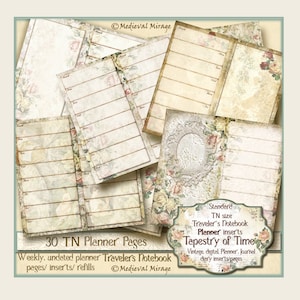 Tapisserie du Temps. Taille du carnet de voyage. Digital vintage Weekly Undated DIY Planner/ Journal/ Journal. Traveler's, TN inserts, 30 pages d'insertion