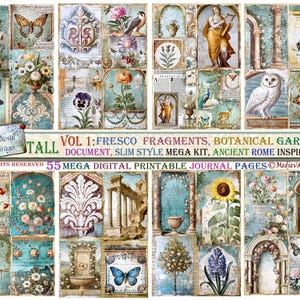 Puede incluir: Un collage digital de 55 p&aacute;ginas de diario imprimibles con fragmentos de frescos y jardines bot&aacute;nicos. Las p&aacute;ginas est&aacute;n inspiradas en la antigua Roma y presentan im&aacute;genes de flores, p&aacute;jaros y detalles arquitect&oacute;nicos. El texto "TALL VOL 1: FRESCO FRAGMENTS, BOTANICAL GARDEN DOCUMENT, SLIM STYLE MEGA KIT, ANCIENT ROME INSPIRED 55 MEGA DIGITAL PRINTABLE JOURNAL PAGES &copy;Medieval Mirage" est&aacute; incluido en la imagen.
