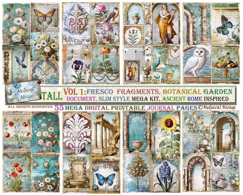 Puede incluir: Un collage digital de 55 p&aacute;ginas de diario imprimibles con fragmentos de frescos y jardines bot&aacute;nicos. Las p&aacute;ginas est&aacute;n inspiradas en la antigua Roma y presentan im&aacute;genes de flores, p&aacute;jaros y detalles arquitect&oacute;nicos. El texto "TALL VOL 1: FRESCO FRAGMENTS, BOTANICAL GARDEN DOCUMENT, SLIM STYLE MEGA KIT, ANCIENT ROME INSPIRED 55 MEGA DIGITAL PRINTABLE JOURNAL PAGES &copy;Medieval Mirage" est&aacute; incluido en la imagen.