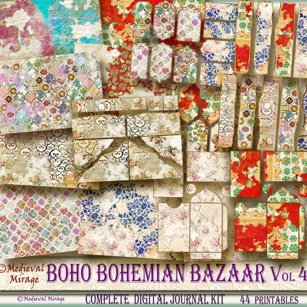 BOHO BOHEMIAN BAZAAR Vol 4-Complete Digital Journal Kit & Elements. 44 Printables. Gypsy, Moroccan, Indian, Oriental. Vintage roses. Shabby.