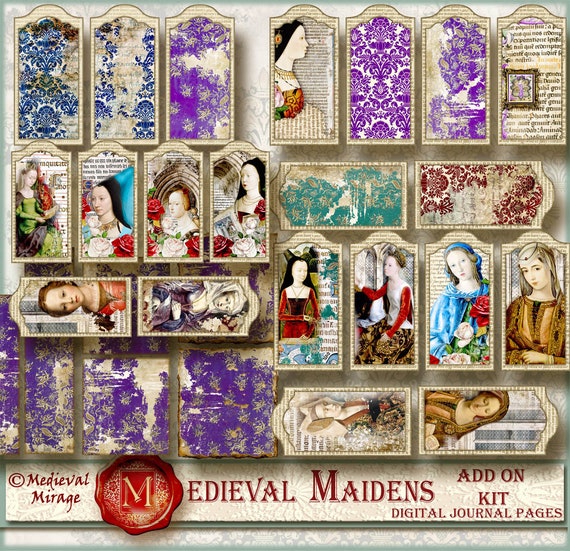 MEDIEVAL MAIDENS ADD on Digital Junk Journal Kit for Vol 1, 2, 3 Antique  Historical Women Fresco Venetian Renaissance Romantic Gothic Castle 