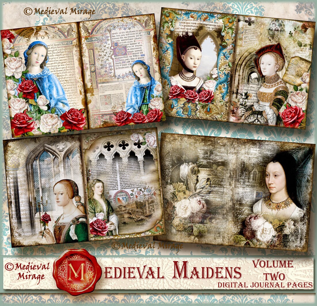MEDIEVAL MAIDENS VOL 1. Digital Junk Journal Kit. Historical Altered Art/ women/ Fresco Venetian, Renaissance Romantic Castle, Gothic Arches 