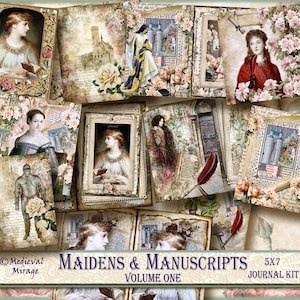 Vol 1 MAIDENS & MANUSCRIPTS 5x7 digital journal kit. 42 Printables. Medieval castles, knights, shabby chic, vintage roses, Pre-raphaelite