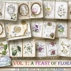 Vol 1: A FEAST of FLORALS. 51 digital printable decorative pages. Mega Journal Kit. Antique, Vintage, Shabby Elegance. Botanical Flowers