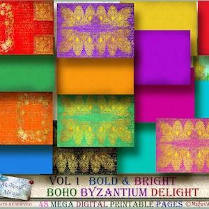 Vol 1: Bold & Bright BOHO Byzantium Delight. 48 Jewel toned digital printables. Color themed/ Bohemian/Gypsy/Arty/Abstract/Medieval Journals