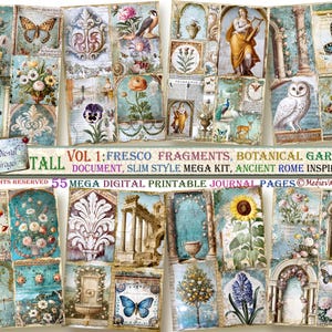 55 Digitals. TALL. Vol 1- FRESCO FRAGMENTS: Botanical Garden Kit. Ancient Rome Inspired Document Slim Style Junk Journal Kit. Botany. Nature