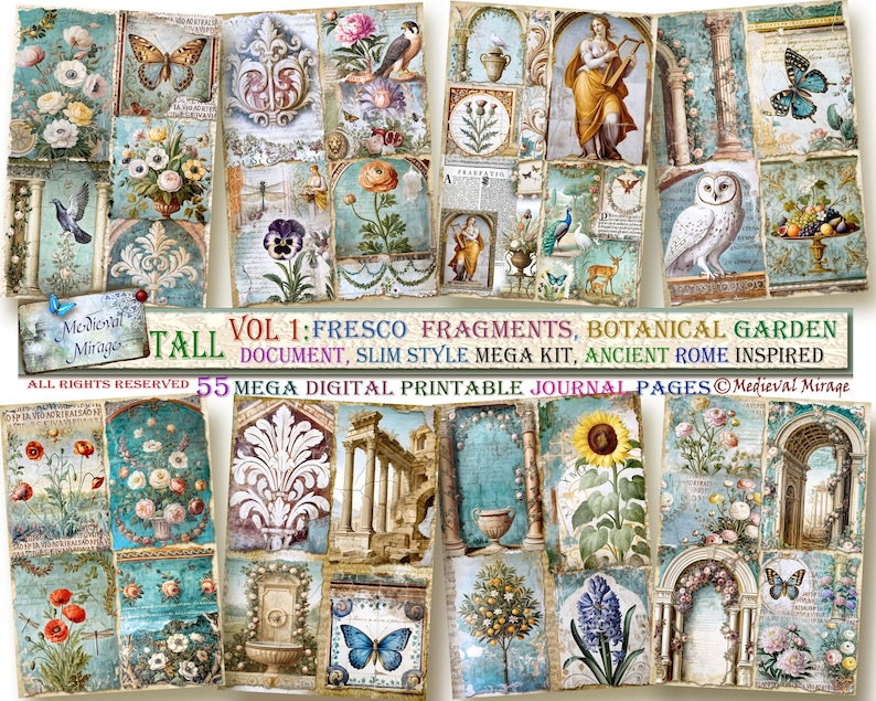 Puede incluir: Un collage digital de 55 p&aacute;ginas de diario imprimibles con una variedad de im&aacute;genes inspiradas en la antigua Roma. Las im&aacute;genes incluyen ilustraciones bot&aacute;nicas, detalles arquitect&oacute;nicos y fragmentos de frescos. El texto "VOL 1: FRESCO FRAGMENTS, BOTANICAL GARDEN DOCUMENT, SLIM STYLE MEGA KIT, ANCIENT ROME INSPIRED 55 MEGA DIGITAL PRINTABLE JOURNAL PAGES &copy;Medieval Mirage" est&aacute; incluido en el collage.