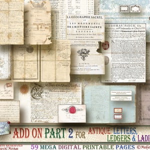 ADD On Part 2 for Antique Letters, Ledgers & Ladies: 59 digital printable pages. Vintage documents, handwritten letters-records, labels.