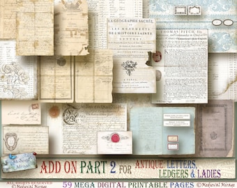 ADD On Part 2 for Antique Letters, Ledgers & Ladies: 59 digital printable pages. Vintage documents, handwritten letters-records, labels.