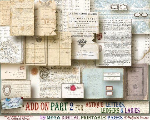 ADD On Part 2 for Antique Letters, Ledgers & Ladies: 59 digital printable pages. Vintage documents, handwritten letters-records, labels.