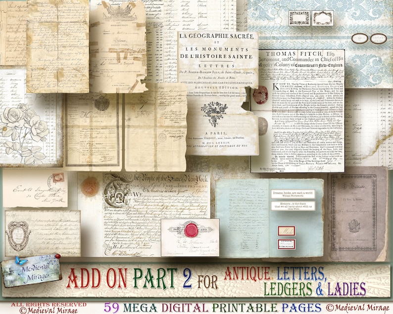 Puede incluir: Un paquete digital imprimible de 59 p&aacute;ginas de estilo vintage con cartas antiguas, libros de contabilidad y damas. Las p&aacute;ginas son en tonos beige, marr&oacute;n y azul con texto escrito a mano y elementos decorativos. El texto incluye "LA GEOGRAPHIE SACR&Eacute;E, LES MONUMENTS DE L'HISTOIRE SAINTE LETTRES" y "ADD ON PART 2 FOR ANTIQUE LETTERS, LEDGERS & LADIES".