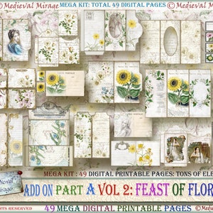 Add On PART A for Vol 2: A FEAST of FLORALS. Mega Digital Journal Kit. 49 Digital Pages loaded with decorative elements. Shabby. Sunflowers