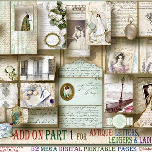 ADD On Part 1 for Antique Letters, Ledgers & Ladies: 52 digital printable pages of vintage, Victorian ephemera. Peacocks, lavender, roses.