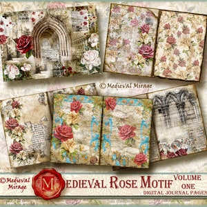 May include: A set of digital journal pages featuring a medieval rose motif. The pages are decorated with roses, arches, and old text. The text on the image reads "Medieval Rose Motif Volume One Digital Journal Pages".