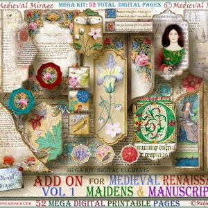 Vol 1 ADD ON for: Medieval Renaissance Maidens & Manuscripts. 52 printable pages. MEGA Digital junk journal elements kit. Medieval scrolls