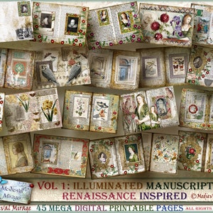 May include: A collection of 45 digital printable pages featuring illuminated manuscripts with a Renaissance inspired theme. The pages are decorated with intricate details, including floral patterns, birds, and portraits.
