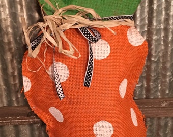 Carrot orange and green with white polka dots Burlap Spring or Easter Door Hanger