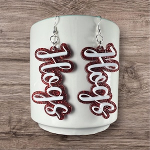 Sports team earrings, Hogs, Go Hogs, acrylic earrings red and white dangle