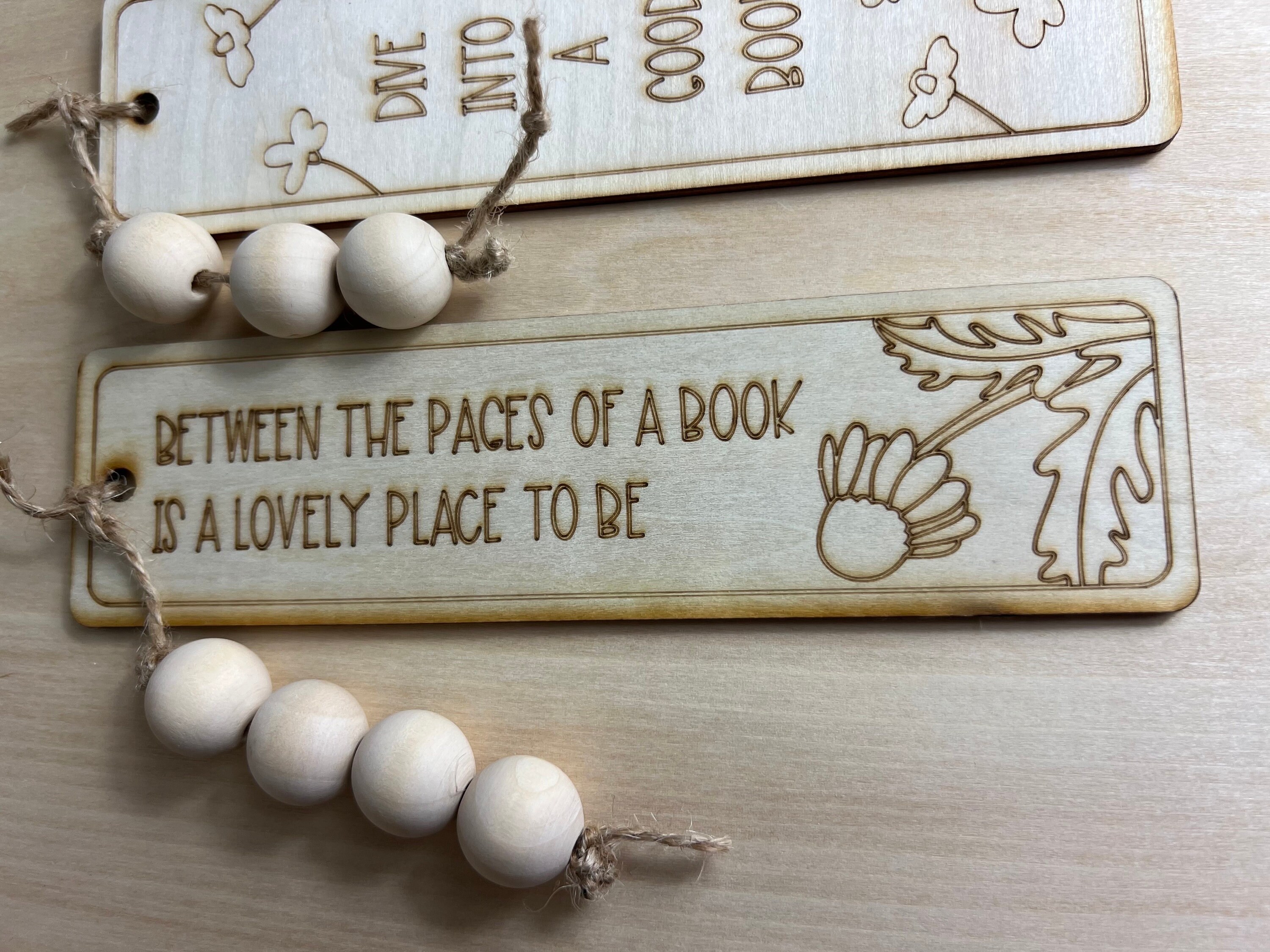 Laser Engraved Wooden Bookmark Set: Natural Wood Beads - Etsy