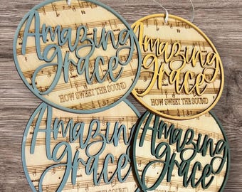 Amazing Grace hymnal score song sheet page,  Christmas ornament, wooden, layered wood, laser cut, round ornament, gift, small wall hanging