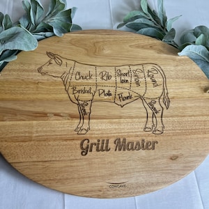 Laser Engraved Concave Cutting Board: Cow Parts Diagram, Grill Master