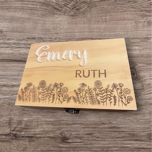 Children’s Wood keepsake box for treasures, personalized, flowers, mountains