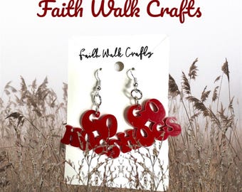 Arkansas Razorback Earrings, Game Day Spirit, Go Hogs, Acrylic dangle red white red sparkle, college football, home team, AR, student gift