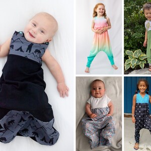 May include: Four children wearing different styles of colorful, patterned, and solid-colored  jumpsuits. The jumpsuits are all sleeveless and have a loose fit. The children are all smiling and looking at the camera.