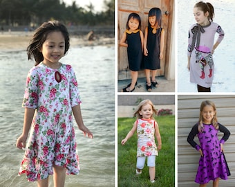 Molde de vestido Danica para bebês e meninas, gola com laço, buraco de fechadura, opções de gola