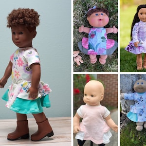 Könnte beinhalten: Vier Puppen, die verschiedene Blümchenkleider tragen. Die Puppen sind alle unterschiedlich groß und haben unterschiedliche Hauttöne. Die Puppen tragen alle unterschiedliche Schuhe.