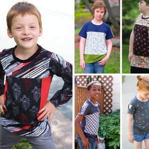 May include: Four children wearing different patterned shirts. The shirts are made from different fabrics and have different sleeve lengths. The shirts are all colourful and have a variety of designs.