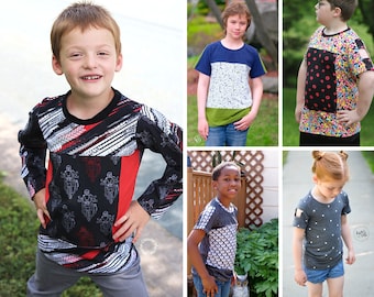 Camiseta Quadrada Hip 2 B - Padrão de Costura PDF para Impressão, tamanhos de bebê a jovem, unissex, opções de blocos de cores