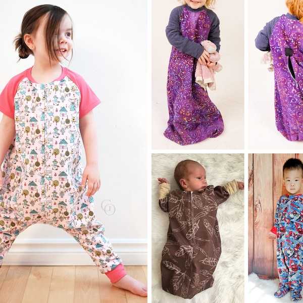 Stylin' Snuggler Sleep Sack/Sleep Suit PDF Patrón de costura para bebés, niños pequeños y niños hasta el tamaño 12, con opción a prueba de escape