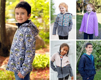 Jaqueta Quadra - Molde de costura em PDF para imprimir, tamanhos de bebê a juvenil, unissex, blocos de cores, bolsos, fechamento com zíper, gola/capuz/ambos